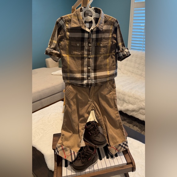 Other - BURBERRY Plaid Shirt and Khaki Pants Set with Brown Boots